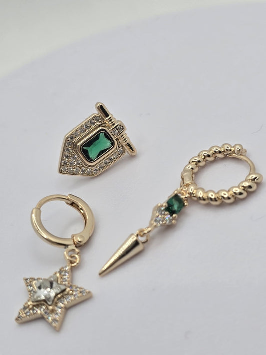 Premium Seri Kadın Yeşil Taşlı 3'lü Küpe Set (DML9993)