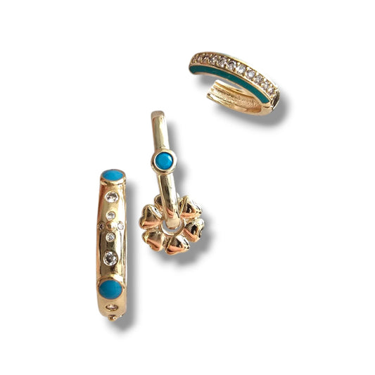 Premium Seri Turkuaz Detaylı 3'lü Halka Küpe Seti