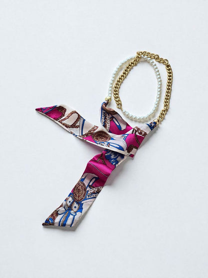 AURA Fular Serisi – Renkli Zincir ve İnci Detaylı Fular (KOD-394)