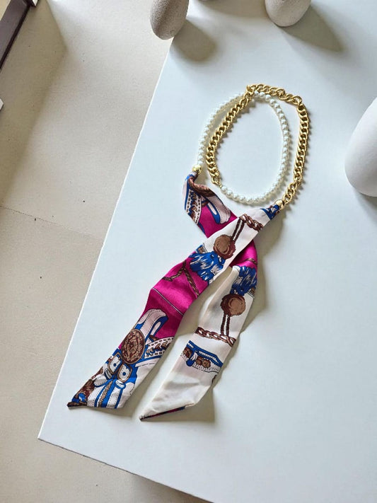 AURA Fular Serisi – Renkli Zincir ve İnci Detaylı Fular (KOD-394)