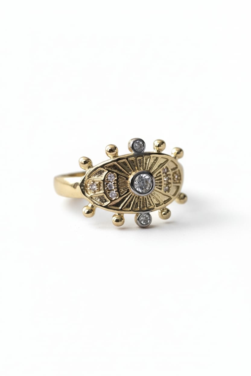 Antik Güneş Sembollü Zirkon Taşlı Ayarlanabilir Yüzük (KOD-443)