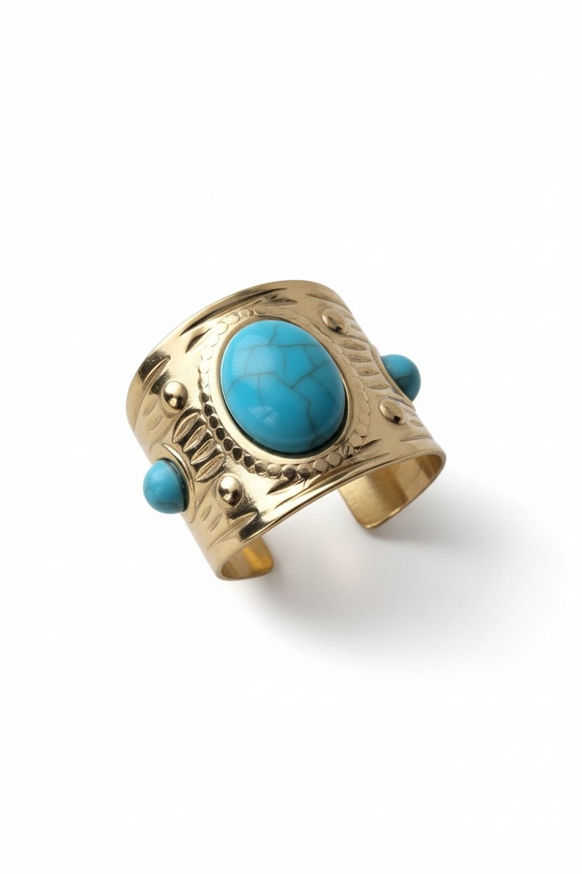 Turkuaz Firuze Taşlı Bohem Tasarım Ayarlanabilir Yüzük (KOD-446)